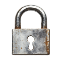 Locking mechanism detail of a metallic padlock captured from the front view against a clean background, metallic padlock with hole front view isolated on transparent background png