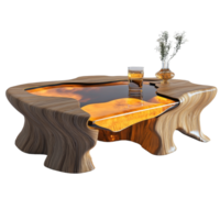 Unique coffee table featuring transparent resin and natural wood design in a modern living space, 3d Coffee Table png