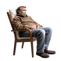 A patient wearing a mask sitting in a chair, showing symptoms of cold and flu during a health crisis, file no background Patient with cold and flu sitting on a chair png
