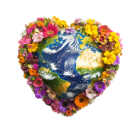 Earth globe shaped like a heart surrounded by vibrant flowers symbolizing love for the planets beauty, earth globe with heart shape surrounded by flower isolated on solid transparent background png