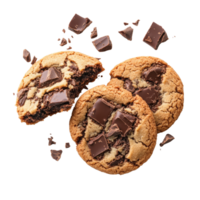 Freshly baked chocolate chip cookies arranged beautifully on a transparent background with chunks of chocolate scattered around them, cookies with chocolate on transparent background png