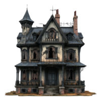 Abandoned dilapidated mansion ready for Halloween decoration in a spooky setting, abandoned dilapidated house mansion for halloween, file of isolated object on transparent background png