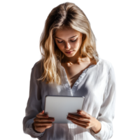 A young woman engrossed in her tablet while enjoying a quiet moment in a serene setting, attractive girl using tablet, file of isolated object with shadow on transparent background png