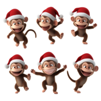 Adorable cartoon monkeys wearing Santa hats celebrating joyfully on a bright transparent background, 3D Cartoon Monkey Set in Santa Hats on transparent background png