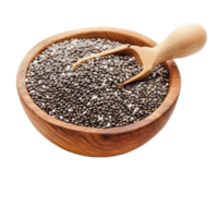 Chia seeds in a wooden bowl on a transparent background with a small scoop for easy serving and measurement, Chia seeds isolated with transparent background png