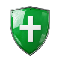 A green shield with a transparent cross icon symbolizing protection and health in a modern design, green shield with transparent cross icon 3d isolated on transparent background png