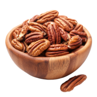 Freshly harvested pecans in a rustic wood bowl on a clean transparent background showcasing their natural texture and color, Pecans in wood bowl isolated on transparent background png