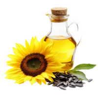 Sunflower seed oil in a glass jar with fresh sunflower and seeds on a transparent background, sunflower seed oil on transparent background png