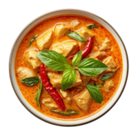 Delicious Panaeng curry with chicken and fresh basil garnished on a transparent background, Panaeng curry is a type of Thai curry on transparent background png