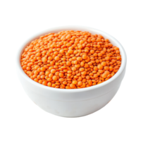 A bowl of vibrant red lentils set against a pristine transparent background for culinary inspiration and healthy eating, Red lentils in transparent bowl isolated on transparent background png