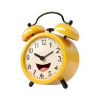 Cheerful cartoon alarm clock character smiling on a transparent background in a playful design, Alarm clock cartoon character isolated on transparent background png