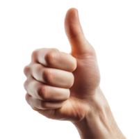 A raised hand with a thumbs up gesture against a bright transparent background showing approval and positivity, thumb up on transparent backgroundfile png