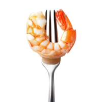 Peeled shrimp on a fork isolated against a clean Transparent background for culinary presentation, Peeled shrimp on a fork isolated on background png