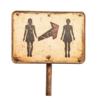 Old rusted sign indicating separate directions for womens and mens restrooms, Image an old sign pointing to separate womens and mens restrooms on a white background png