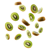 Floating slices of kiwi in mid air on white background creating a whimsical visual effect, Flying falling kiwis isolated on white background png