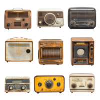 Classic vintage radios displayed on a Transparent background showcasing unique designs and details, Old fashioned radios isolated on background png