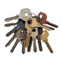 Collection of keys stacked on white background showcasing various colors and styles, bunch keys sitting on top each other png