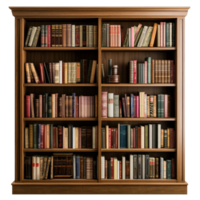 Collection of books on a wooden bookcase against a white background with a variety of genres displayed, bookcase with many books on it png