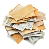 Overdue utility bills piled high on a desk, highlighting financial disorganization and stress, Pile envelopes with overdue utility bills isolated on white, Transparent background png