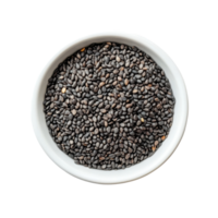 Black sesame seeds in a white bowl viewed from above on a clean background, Top view of black sesame seeds in white bowl isolated on Transparent background png