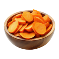 Bright carrot slices arranged in a wooden bowl on a clean white background, carrot slices in wood bowlisolated on white background png