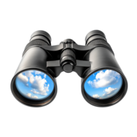 Closeup view of black binoculars reflecting a clear sky with clouds, Close up black binocular with sky in glasses isolated on white png