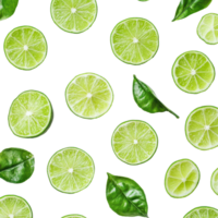 Fresh citrus lime slices spread out on a white background with green leaves for vibrant decoration, Green fresh citrus lime slices, white background png