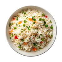 Cooked jasmine rice with colorful vegetables in a white bowl on a plain light background, Cooked Jasmin Rice in white bowl on Transparent background png