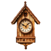 Traditional wooden cuckoo clock displayed in a minimalist setting on a white wall, traditional wooden cuckoo clock on a minimalist Transparent background png