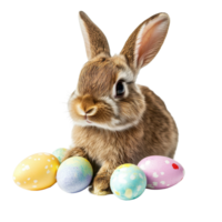 Funny bunny enjoying colorful Easter eggs on a bright white background, funny bunny easter with eggs on white background png