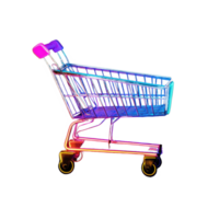 Shopping cart illuminated with dark neon lights against a black backdrop, Shopping cart with dark neon light effect Transparent background png