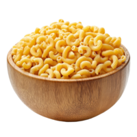 Raw macaroni piled high in a wooden bowl against a bright Transparent background, Pile of raw macaroni in wood bowl on background png