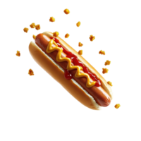 Hot dog with mustard and ketchup flying through the air surrounded by falling toppings, hot dog with mustard and ketchup flying through the air, white background png