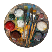 Colorful artist palette with paint brushes on a Transparent background for creative projects and inspiration, A Palette With paint brushes isolated on background png