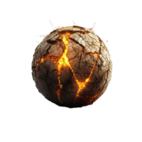 Crumbling earth ball reveals fiery cracks against a white backdrop in an abstract representation of destruction, Crumbling earth ball with fire cracks png
