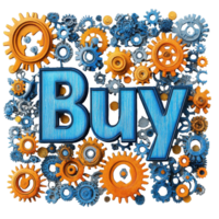 Bright blue and orange buy sign surrounded by colorful gears and cogs for a promotional display, blue and orange sign with the word buy surrounded by various gears png