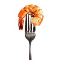 Shrimp on a fork isolated on Transparent background showcasing a delicious seafood dish perfect for culinary presentation, Peeled shrimp on a fork isolated on background png