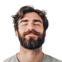 Smiling man with beard and closed eyes poses against simple Transparent background, Man with Beard Closed Eyes Smiling, background png