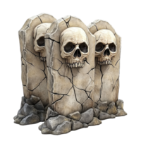 Three haunted tombstones featuring skulls and cracks in a spooky graveyard setting, Three Haunted Tombstones with Skulls and Cracks Isolated on Transparent background png