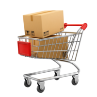 Realistic shopping cart filled with a cardboard box on a clean Transparent background for retail themes, Realistic shopping cart with box inside background png