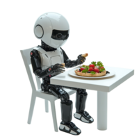 Robot enjoys a meal at a table with a plate of fresh food, robot sitting at a table with a plate food, Transparent background png