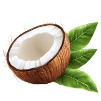 Fresh coconut with green leaves isolated on a Transparent background for culinary and decorative use, coconut with leafisolated on background png