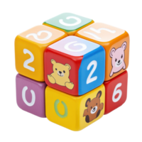 Colorful baby cube toy featuring bear illustrations and number designs for early learning fun, Colorful Baby Cube Toy with Bear and Number Designs Isolated on Transparent background png