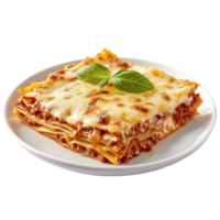 Delicious homemade lasagna served on a white plate with fresh basil garnish on a clean Transparent background, Lasagna on a plate isolated on background png