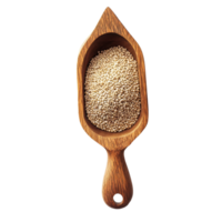 Quinoa in wooden scoop on Transparent background showcasing healthy grain and culinary versatility, Quinoa in wood scoop isolated on background png