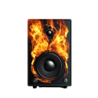Brightly lit black speaker with flames on a white background creates an intense visual effect, black speaker with flames on it png