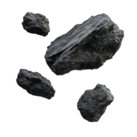 Flying black rocks isolated on a white background in a surreal arrangement, flying black rocks isolated on White background png