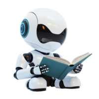 Humanoid android joyfully reading a book on a white background while sitting, Cheerful Humanoid Android Reading Book on white background png