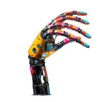 Colorful robotic arm showcases innovative design against black background, colorful robot arm with a black background, Transparent background png