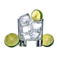 Refreshing cocktail served in a glass with ice and lime on a bright background, glass alcohol with ice and a lime, white background png